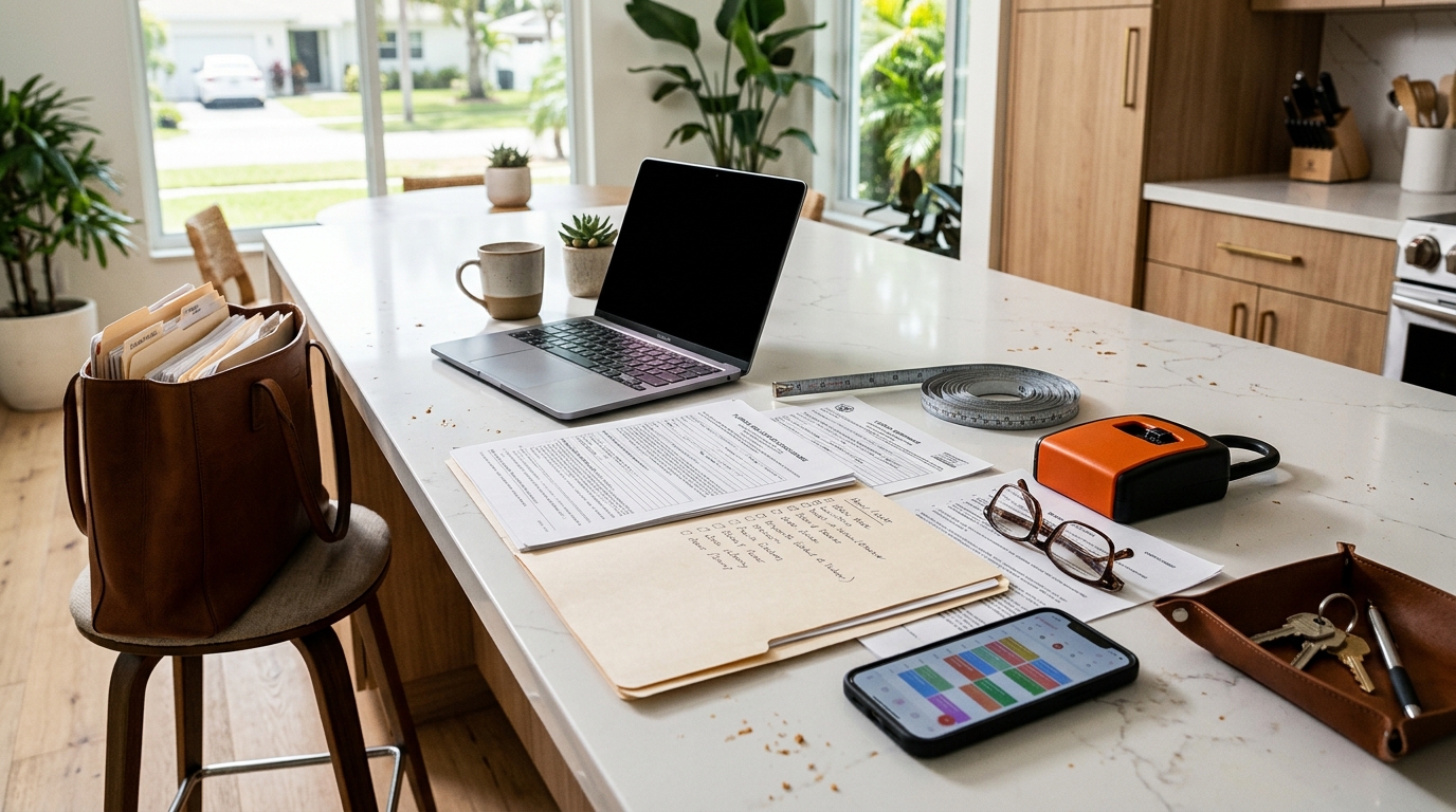 Mesón de cocina cubierto con una laptop, formularios de disclosure impresos, una cinta métrica, un lockbox y un teléfono mostrando un calendario saturado — el caos organizado de la preparación pre-listing