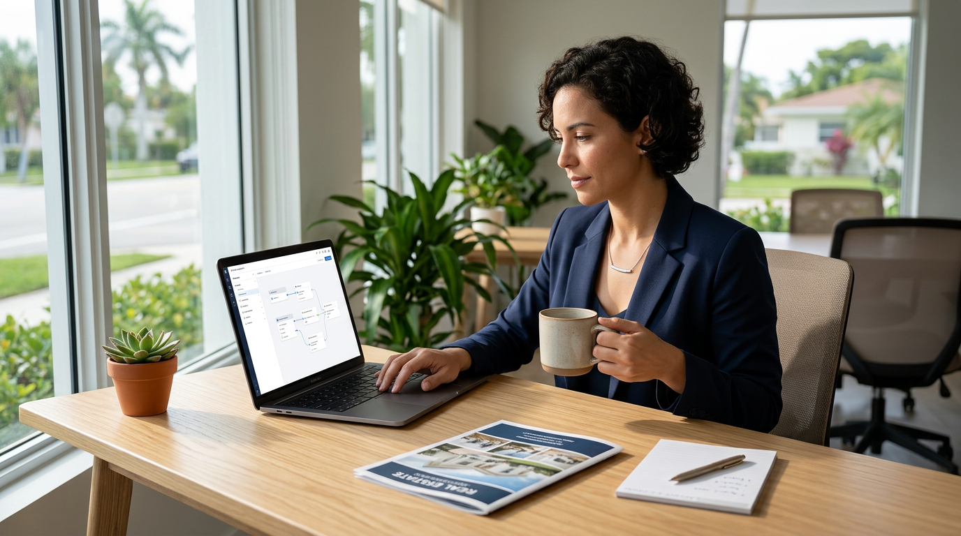 Agente de bienes raíces sentado en un escritorio limpio con una laptop abierta, una mano en el teclado y la otra en una taza de café, concentrado y tranquilo bajo luz suave de la mañana